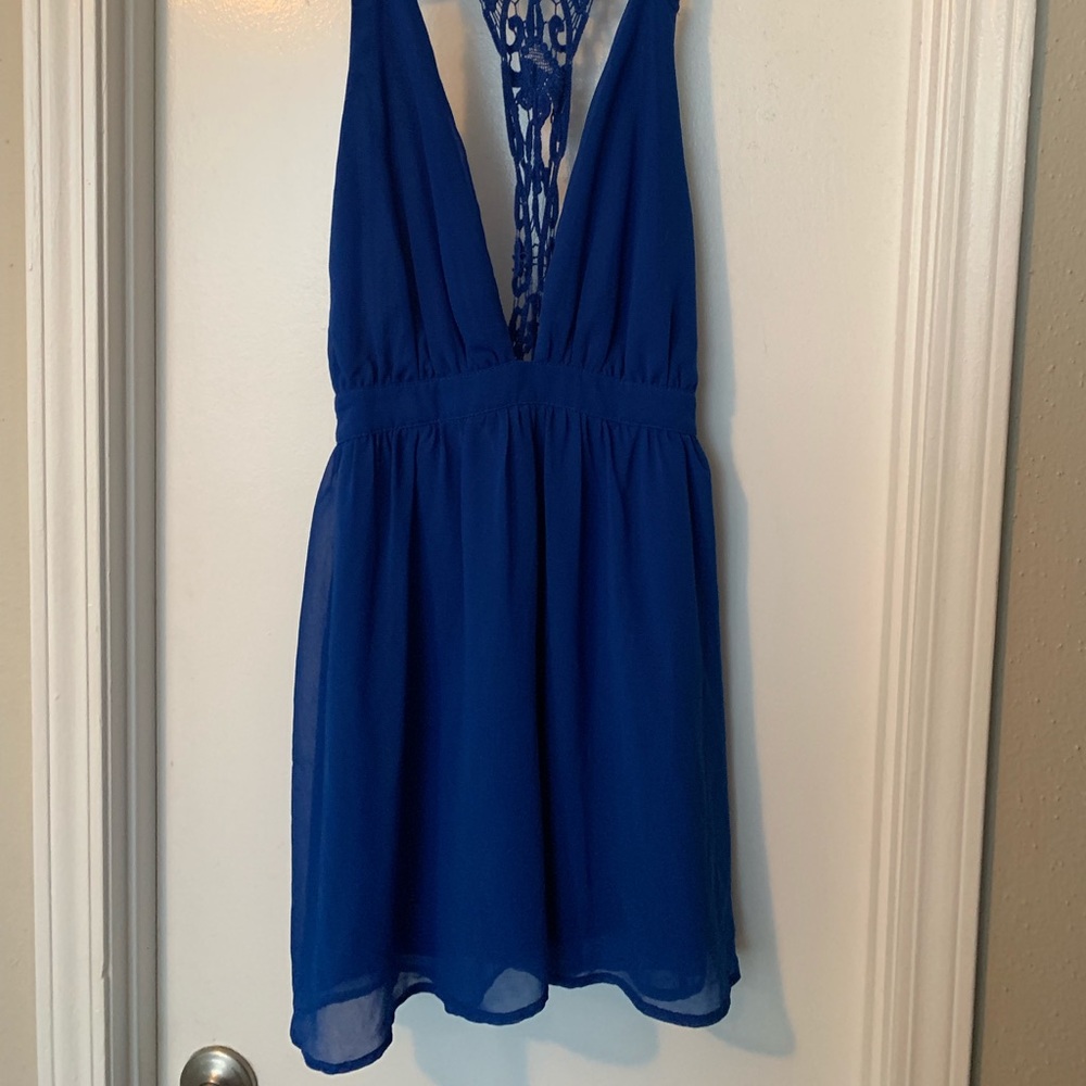 Royal Blue Deep V Open Lace Back Mini Dress